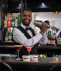 Smiling bartender shaking a cocktail shaker behind a bar, with various bottles of alcohol on the shelves and two cocktails and bowls of snacks on the counter.