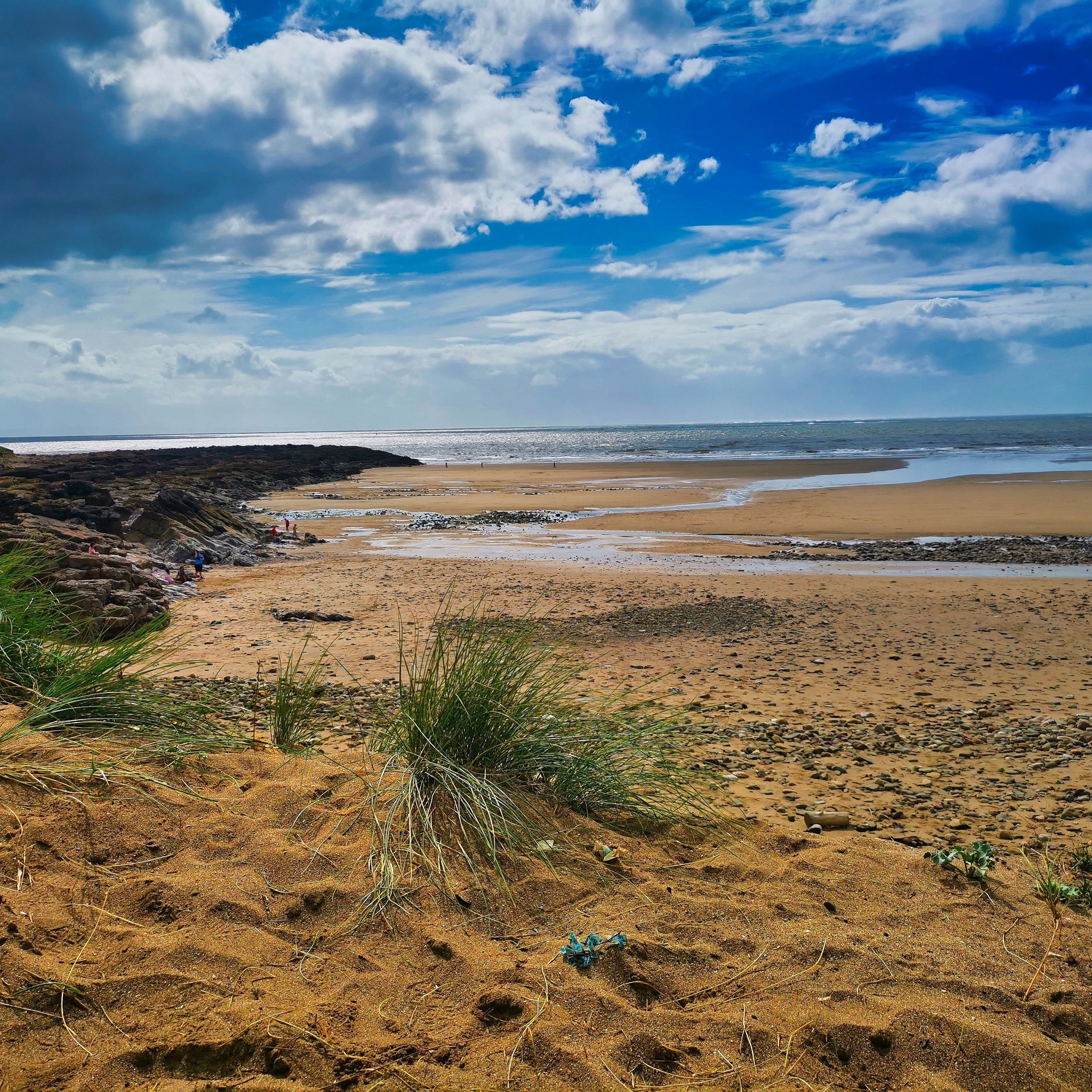 Sandy beach with scattered rocks, grassy dunes in the foreground, and dramatic cloudy blue sky above.