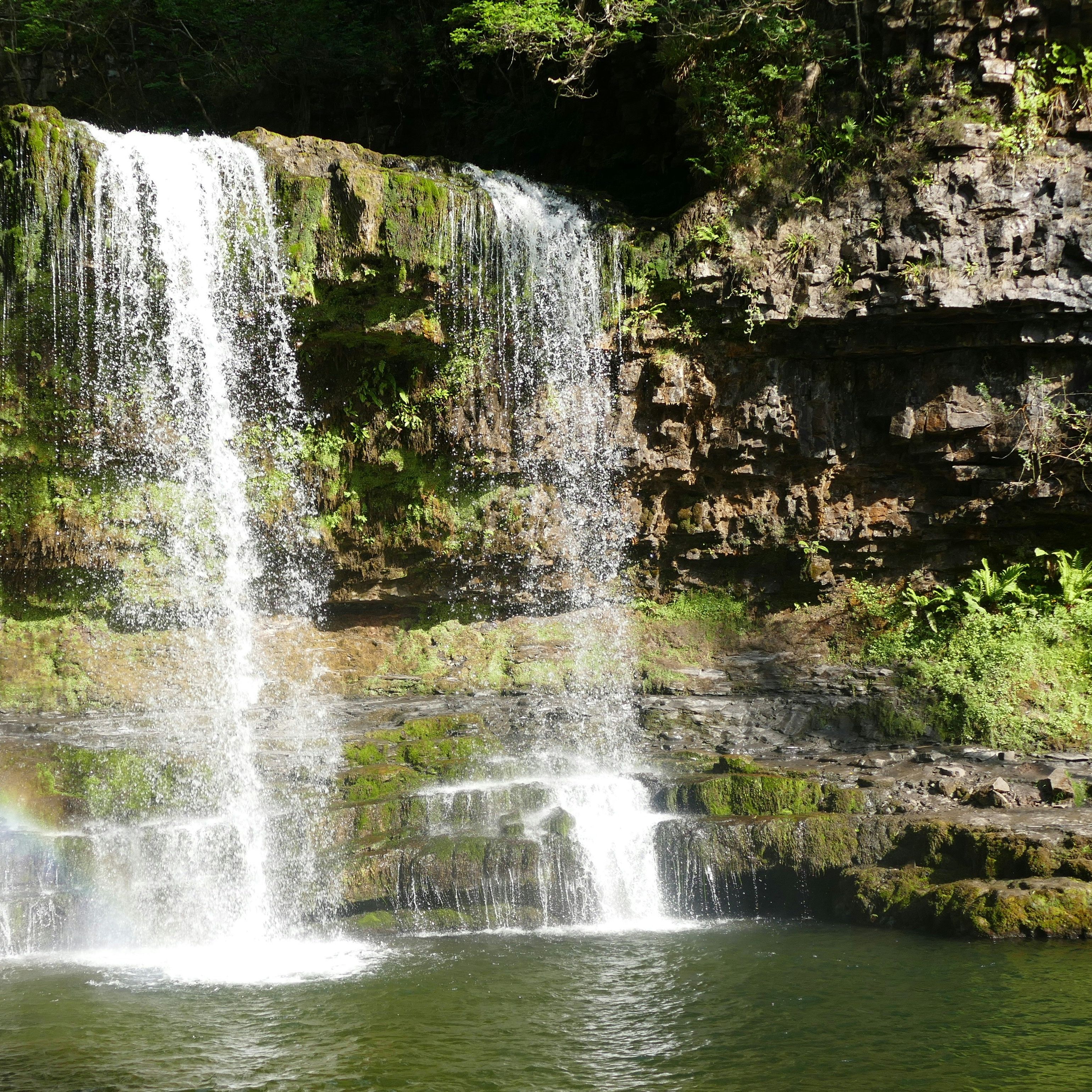 Waterfall cascading over a rocky cliff with green moss and plants, forming a pool below.