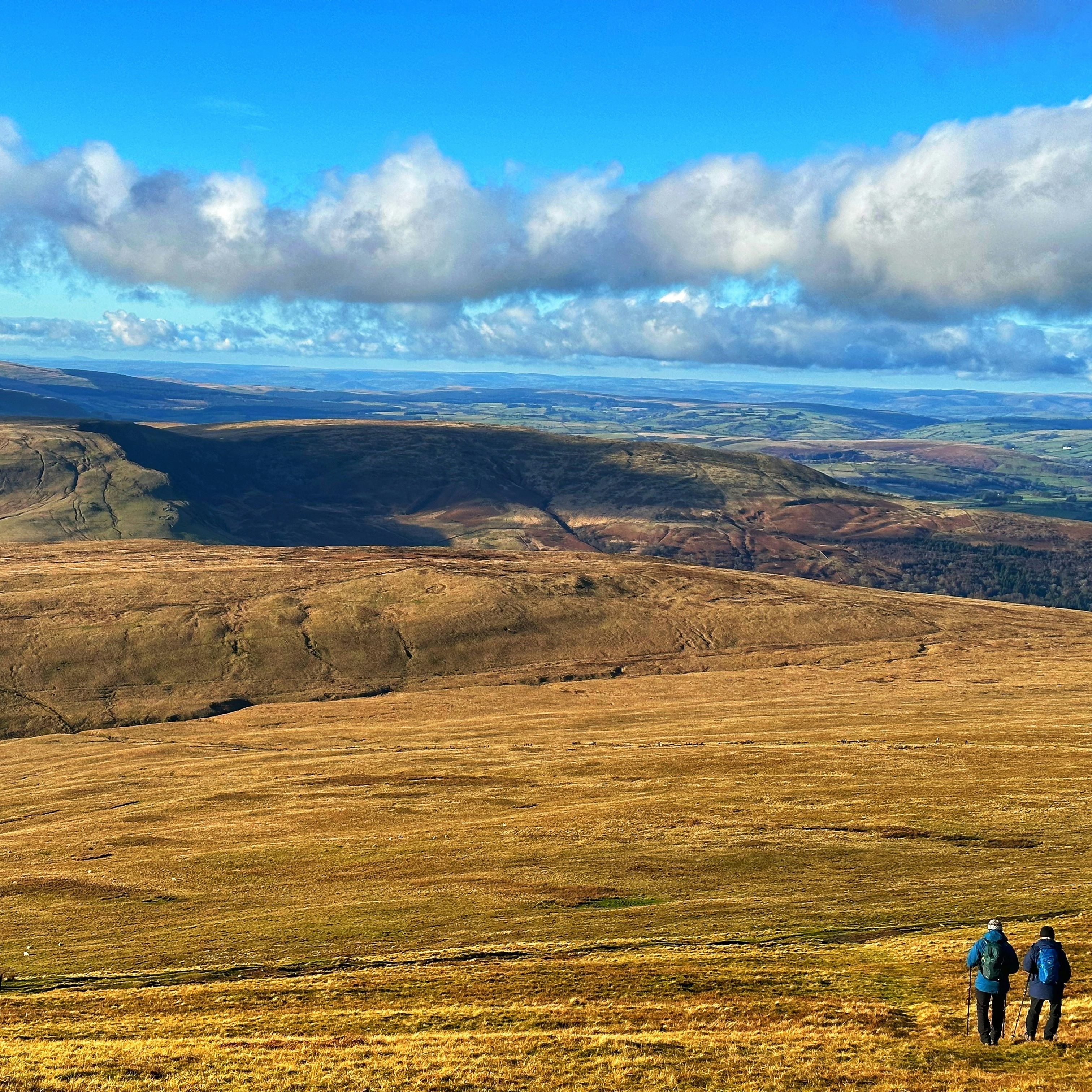Two hikers walking across a vast grassy landscape with rolling hills under a blue sky with scattered clouds.