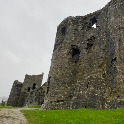 Stone ruins of an old castle on a grassy slope under a grey sky