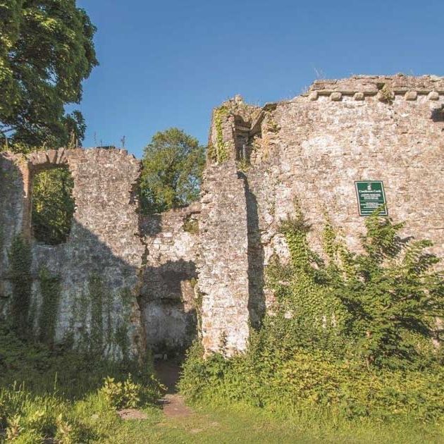 Ruins of Candleston Castle with ivy-covered stone walls and an arched opening under a blue sky