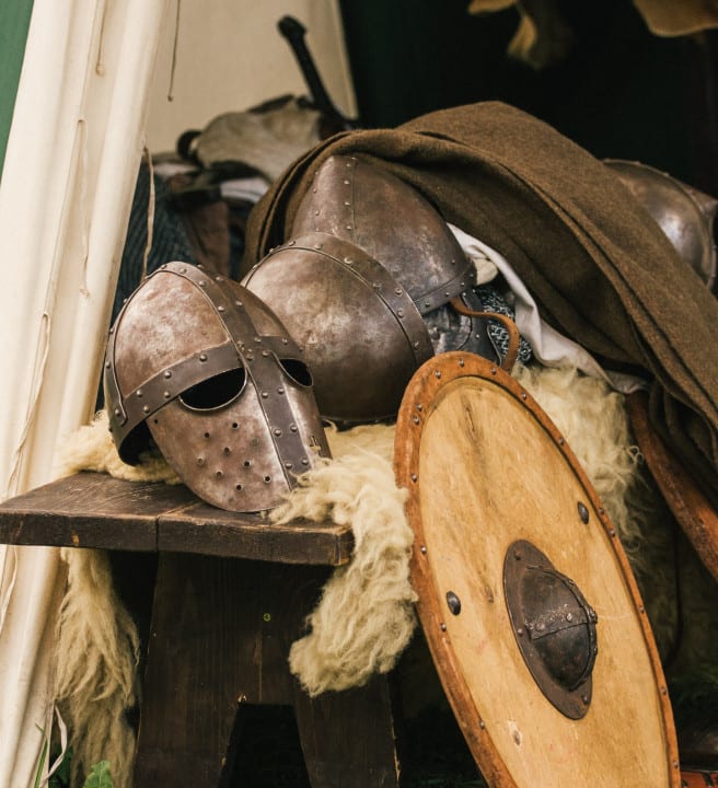 Medieval helmets and shield