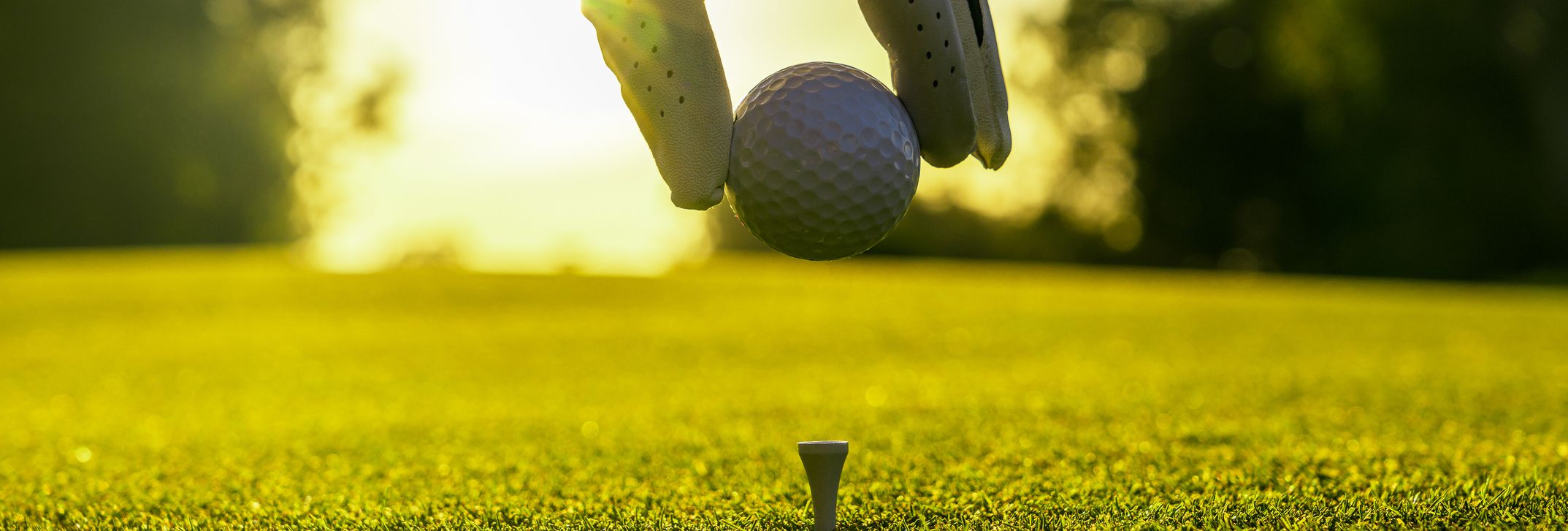 A golfer's gloved hand places a golf ball onto a tee on a lush green course, illuminated by the warm glow of a setting sun in the background.