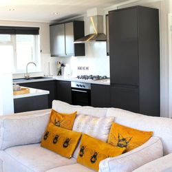 Open plan living with modern kitchen, sofas and dining area