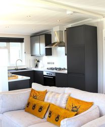 Open plan living with modern kitchen, sofas and dining area