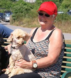 lady with a dog sitting on a bench in the sun