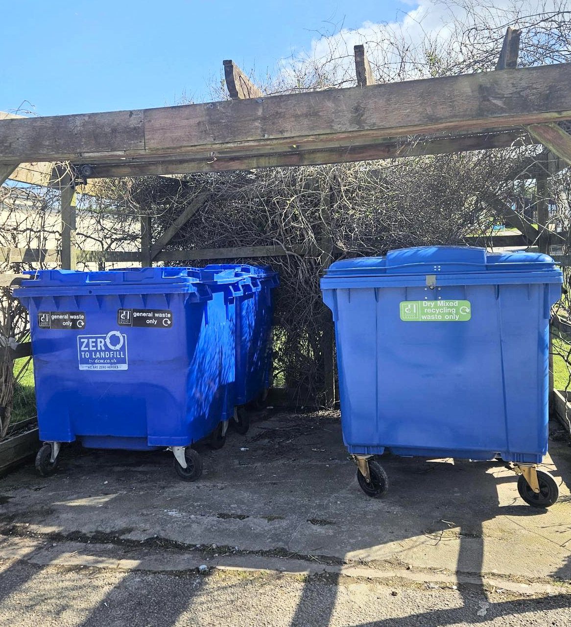 A photo of the bin storage area at Hazelwood Park featuring a recycling bin