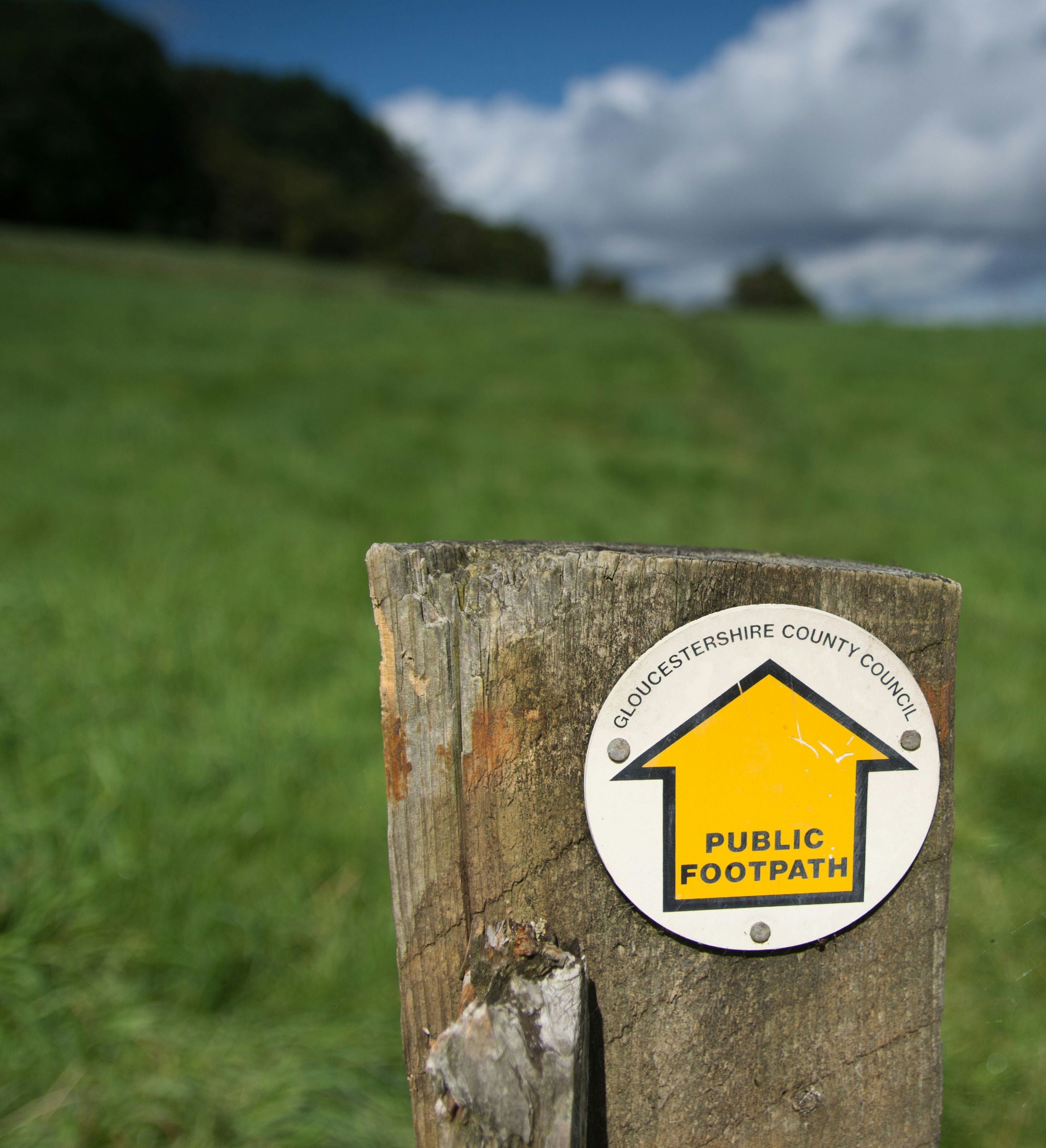 A wooden post with a yellow public footpath sign in a grassy field under a cloudy sky