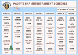 Paddy's Bar Entertainment Schedule for 27th September to 3rd October, listing daily events such as bingo, quizzes, competitions, discos, and themed nights.