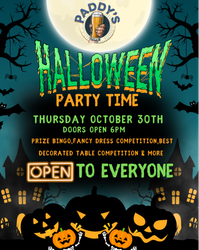 Paddy's Halloween party poster with spooky decorations, pumpkins, and event details.
