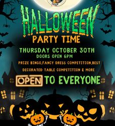 Paddy's Halloween party poster with spooky decorations, pumpkins, and event details.