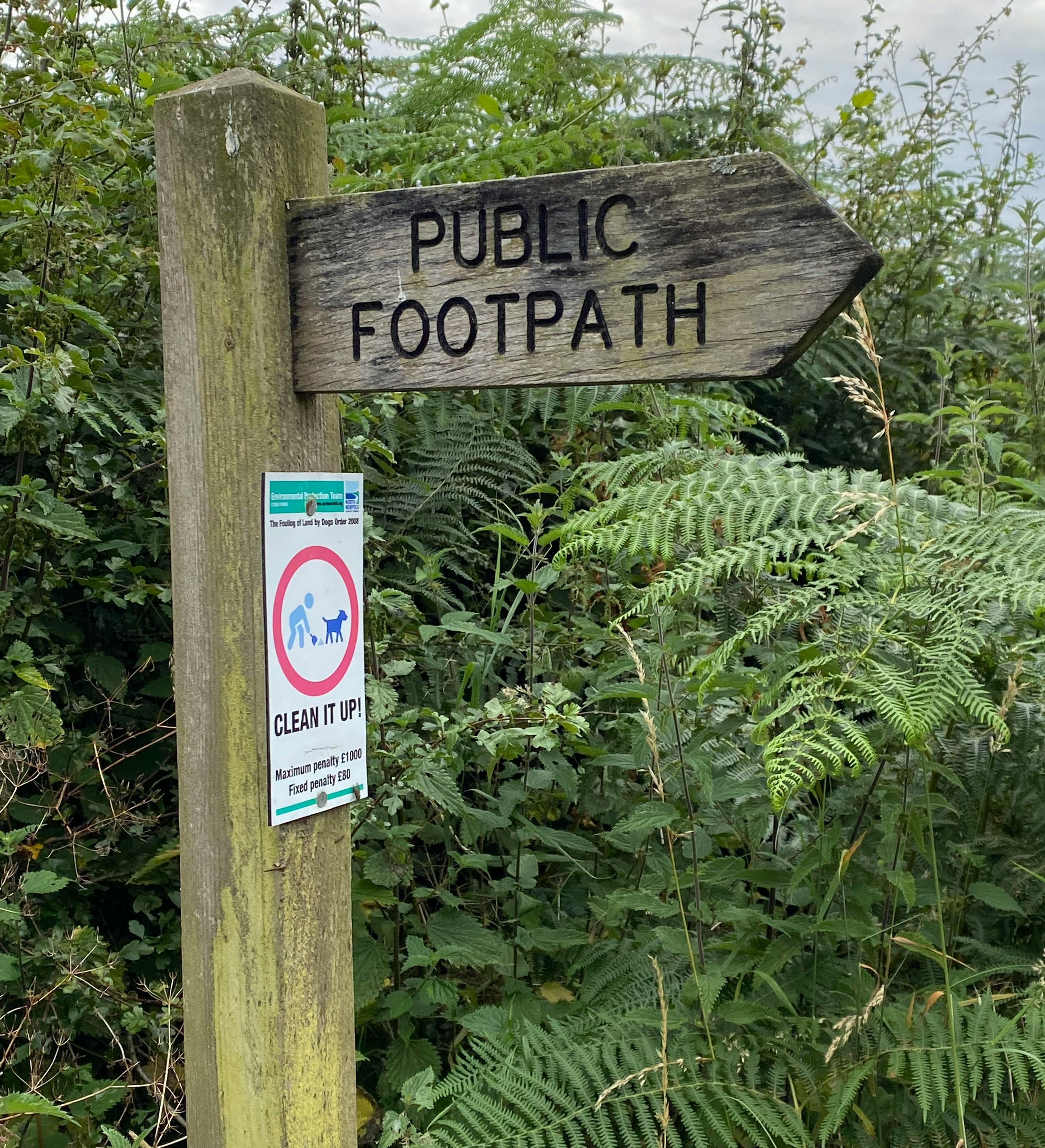 Wooden signpost reading 'Public Footpath' with a notice reminding dog owners to clean up after their pets, surrounded by green foliage.