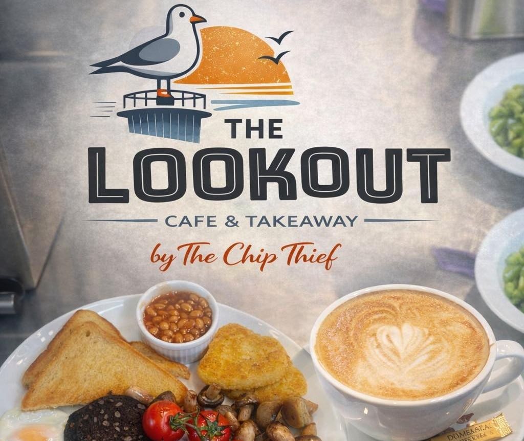 The Lookout Cafe & Takeaway by The Chip Thief logo above a full English breakfast and a latte with heart-shaped latte art