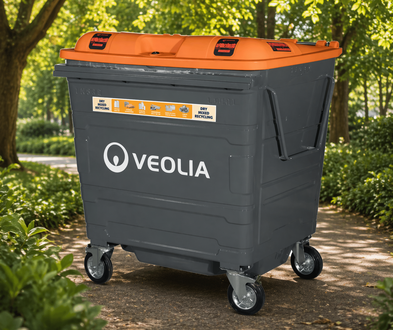 Large grey and orange wheeled recycling bin with Veolia logo on a park path
