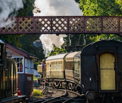 Steam train pulling carriages through a station under a lattice footbridge, with white steam rising among trees.