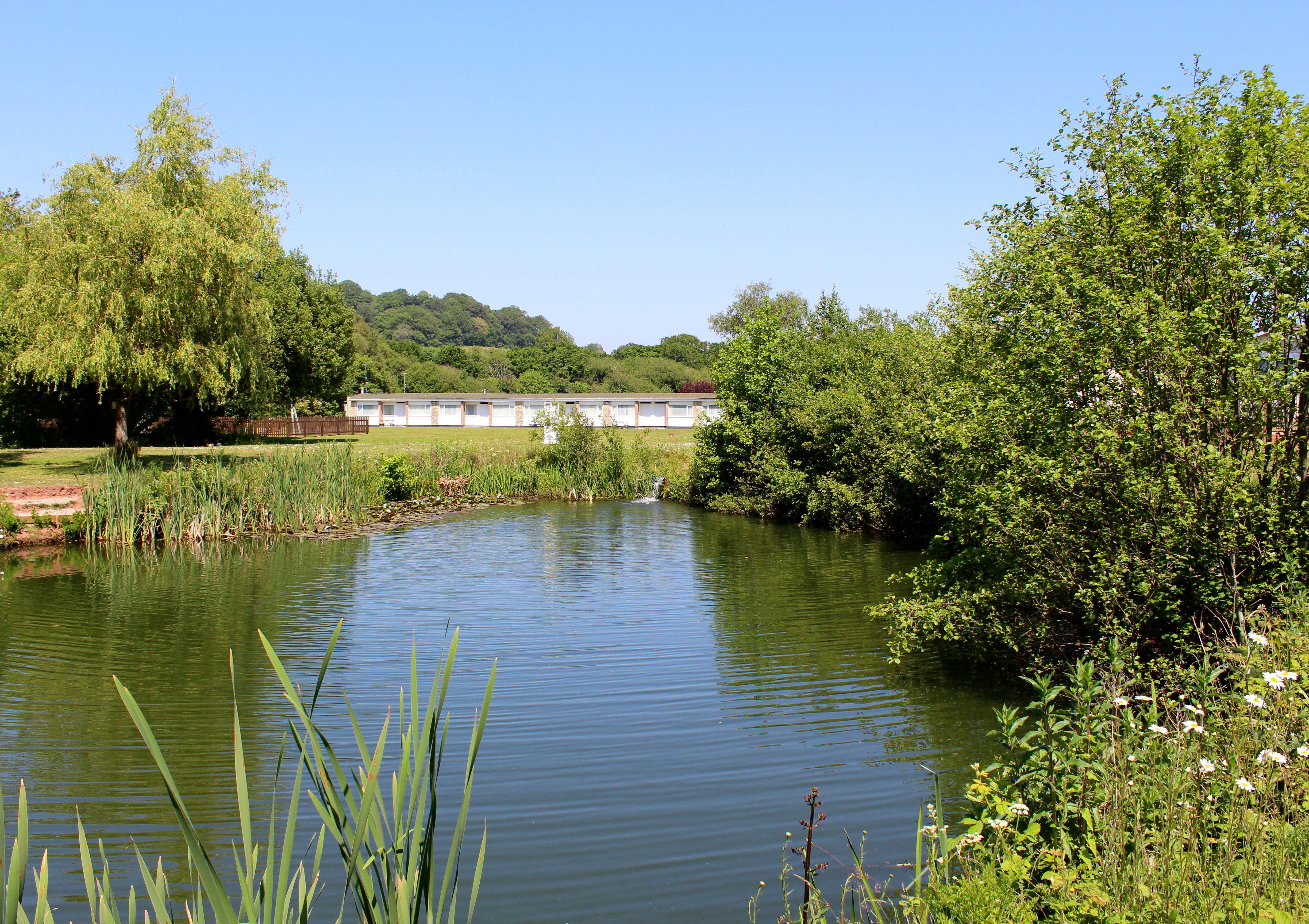 Ashwood Chalets viewed across Kingfisher Lake at Hazelwood Holiday Park