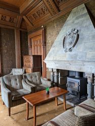 Elegant room with ornate woodwork, two striped armchairs, a wood stove fireplace, and a small table with a plant.