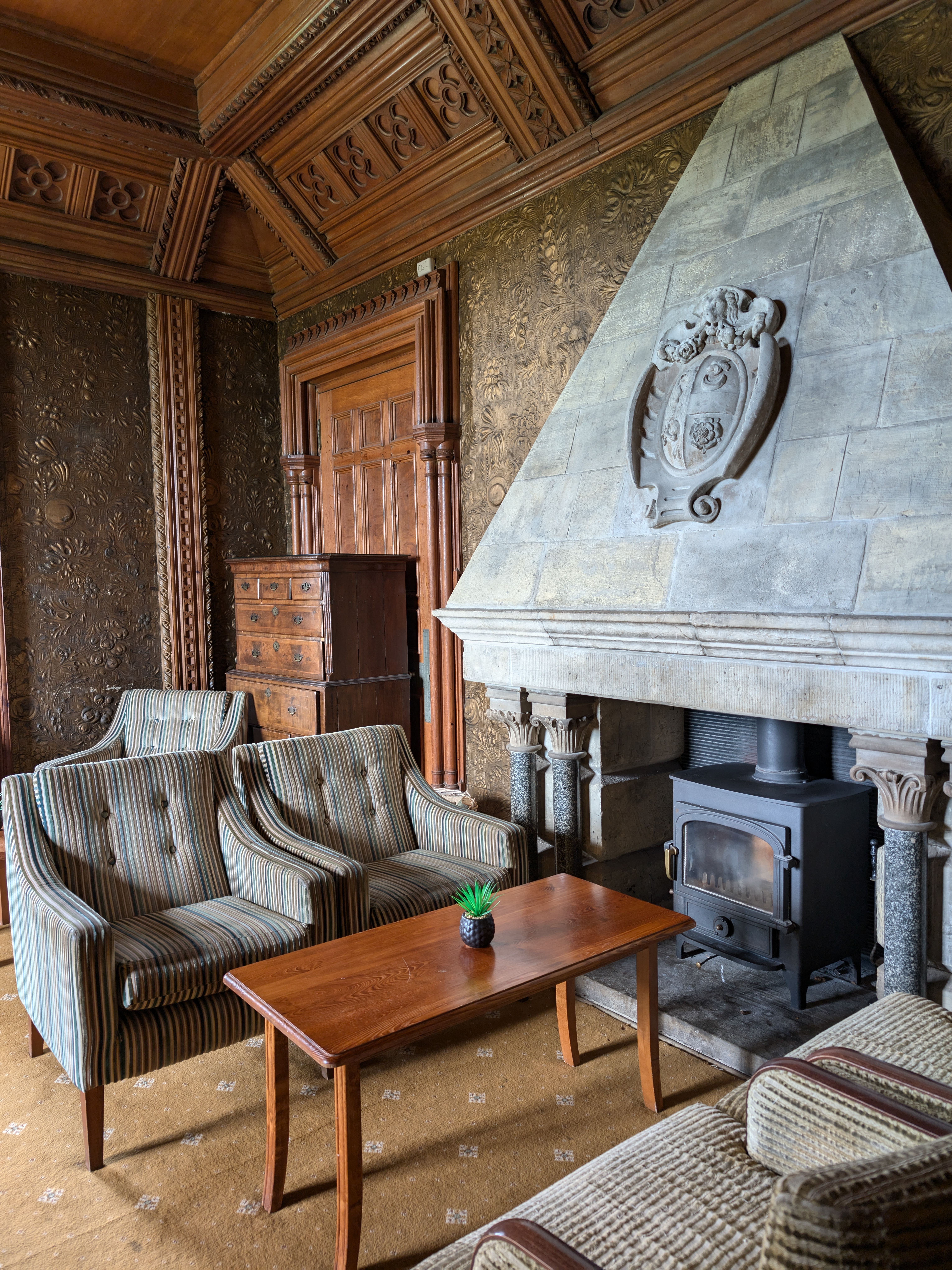 Elegant room with ornate woodwork, two striped armchairs, a wood stove fireplace, and a small table with a plant.