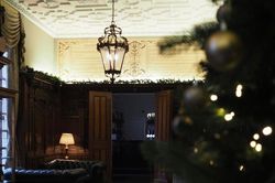 Elegant room with checkered floor, leather sofas, ornate wooden paneling, and a decorated Christmas tree in the foreground.