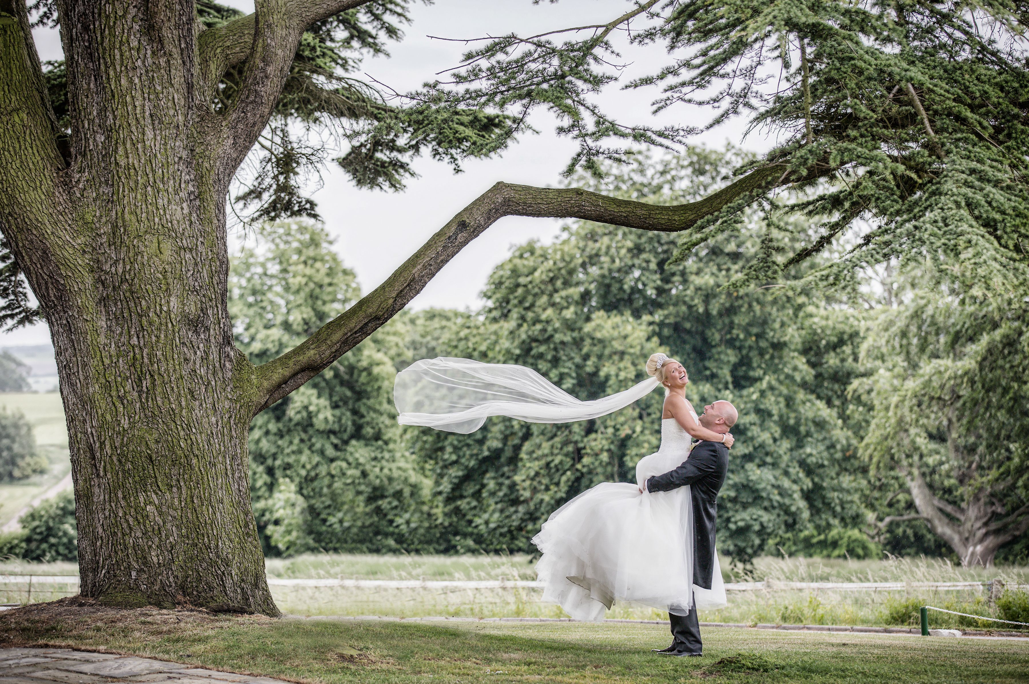 Groom lifting bride outdoors under a large tree, with her veil flowing in the wind.
