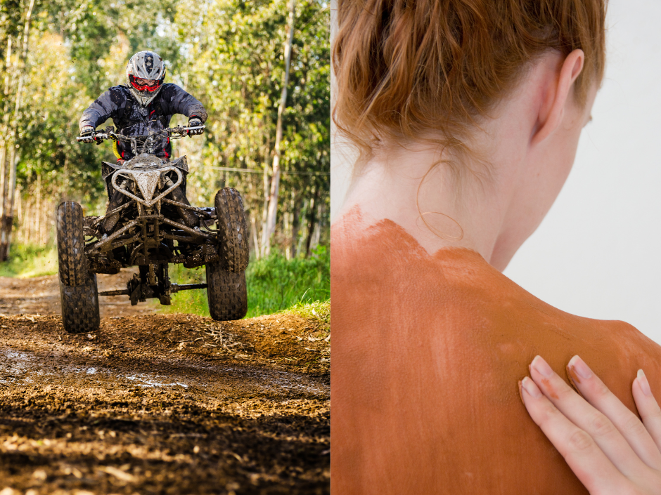 A split image showing a person riding a muddy ATV on a dirt path in the forest on the left, and a close-up of someone applying a mud mask or clay onto their back on the right.