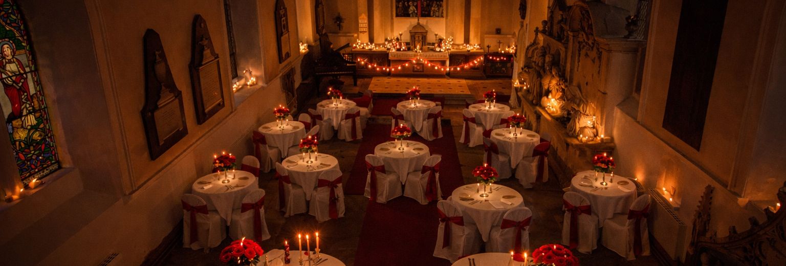 Valentine’s dinner in St Leonard’s Chapel at Hazlewood Castle, a candlelit dining experience in Yorkshire