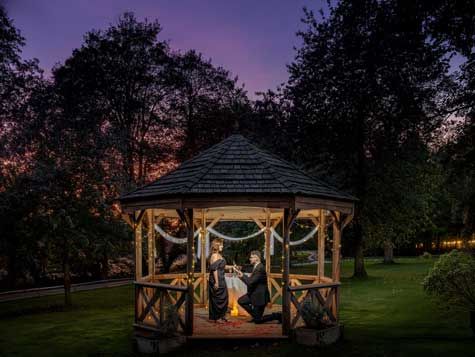 Man proposing to woman in a decorated gazebo at dusk