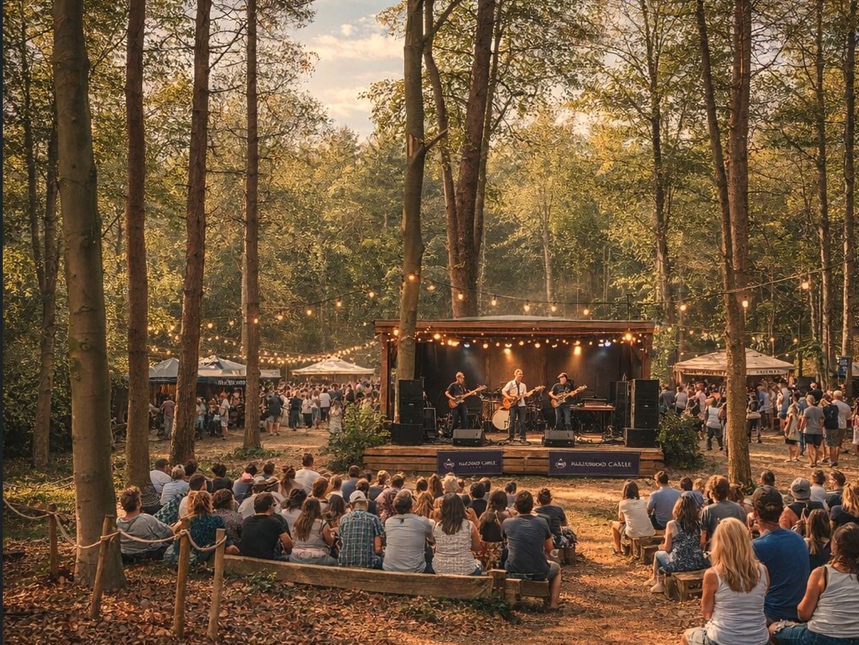 Outdoor concert in a woodland clearing with a band on stage and a seated audience under string lights at sunset