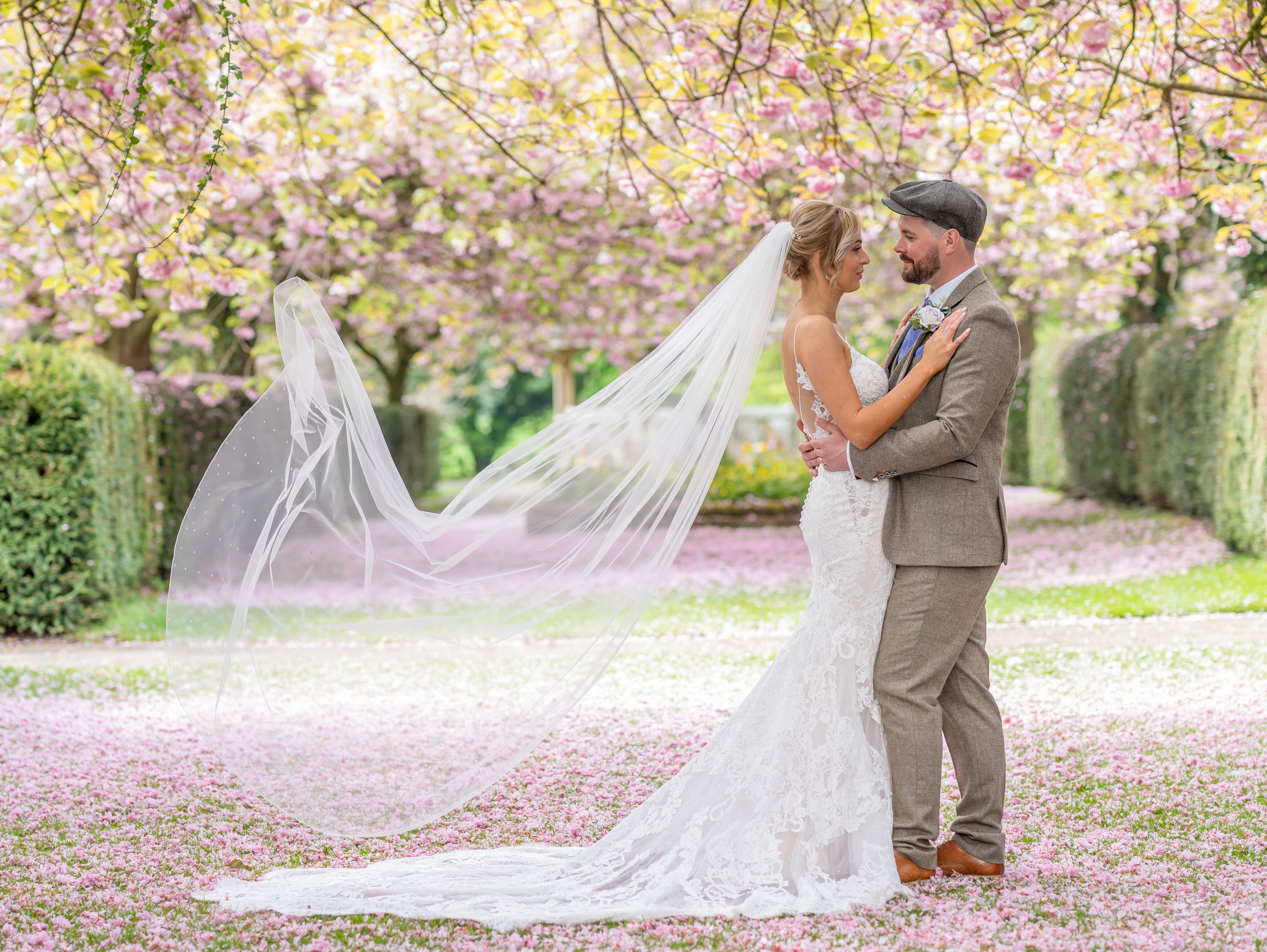 Bride and groom embracing beneath pink blossom trees, with the bride’s long veil flowing behind