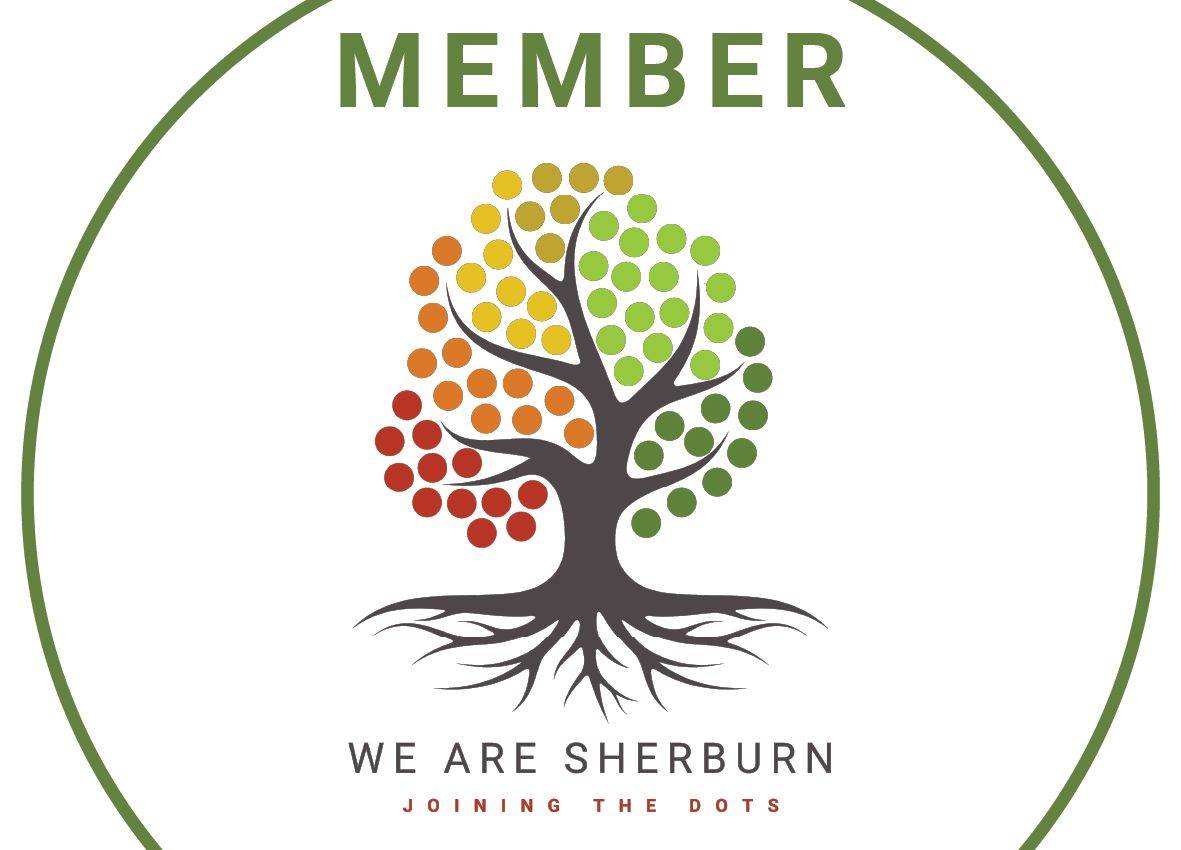 We Are Sherburn member badge with multicoloured tree logo and tagline about connecting business, community and education