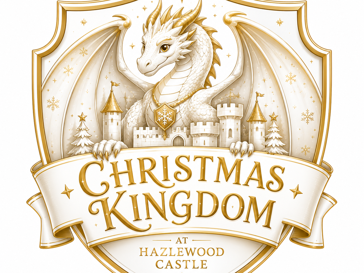Gold and white crest featuring a dragon above a castle with the text 