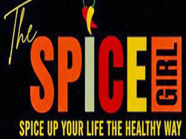 The Spice Girl logo with red, orange and yellow lettering on a black background and the tagline “Spice up your life the healthy way”.