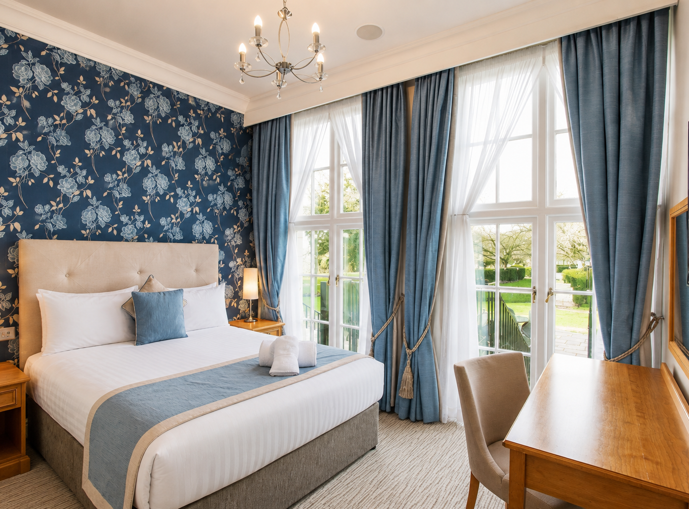 Elegant bedroom with blue floral wallpaper, double bed, and tall windows with blue curtains