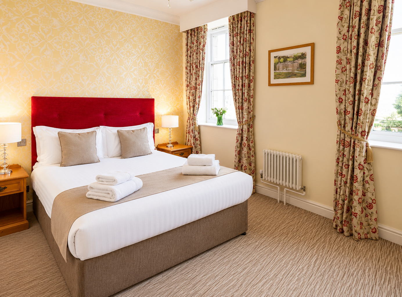Bright bedroom with red upholstered headboard, white bedding, bedside lamps, and floral curtains by large windows
