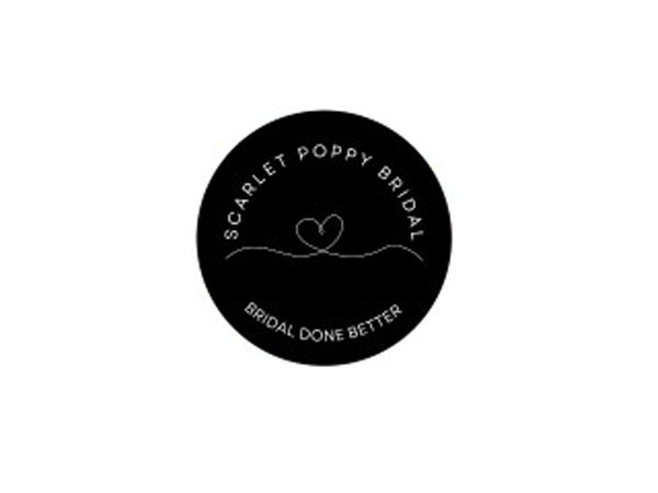 Scarlet Poppy Bridal logo in a black circle with a heart line motif and the text 