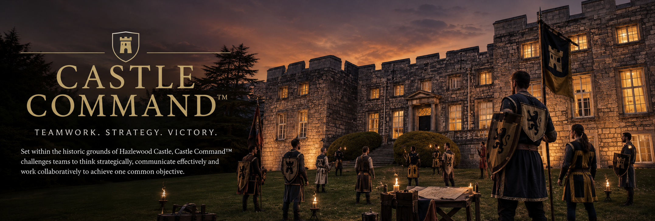 Castle Command promotional banner showing a team in medieval-style attire gathered outside a stone castle at dusk