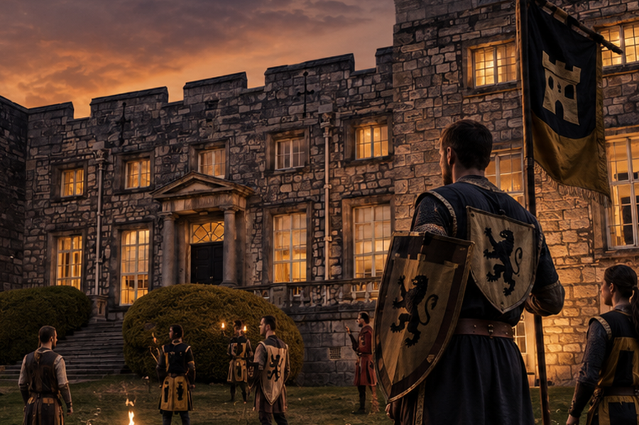Medieval reenactors in armour stand with shields and a banner before a stone castle at sunset, with candles and torches glowing.