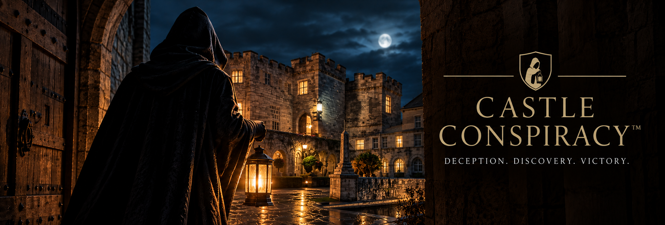 Hooded figure holding a lantern outside a castle courtyard at night with the title 'Castle Conspiracy'