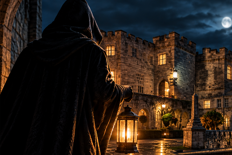 Hooded figure holding a lantern in a castle courtyard at night under a cloudy, moonlit sky