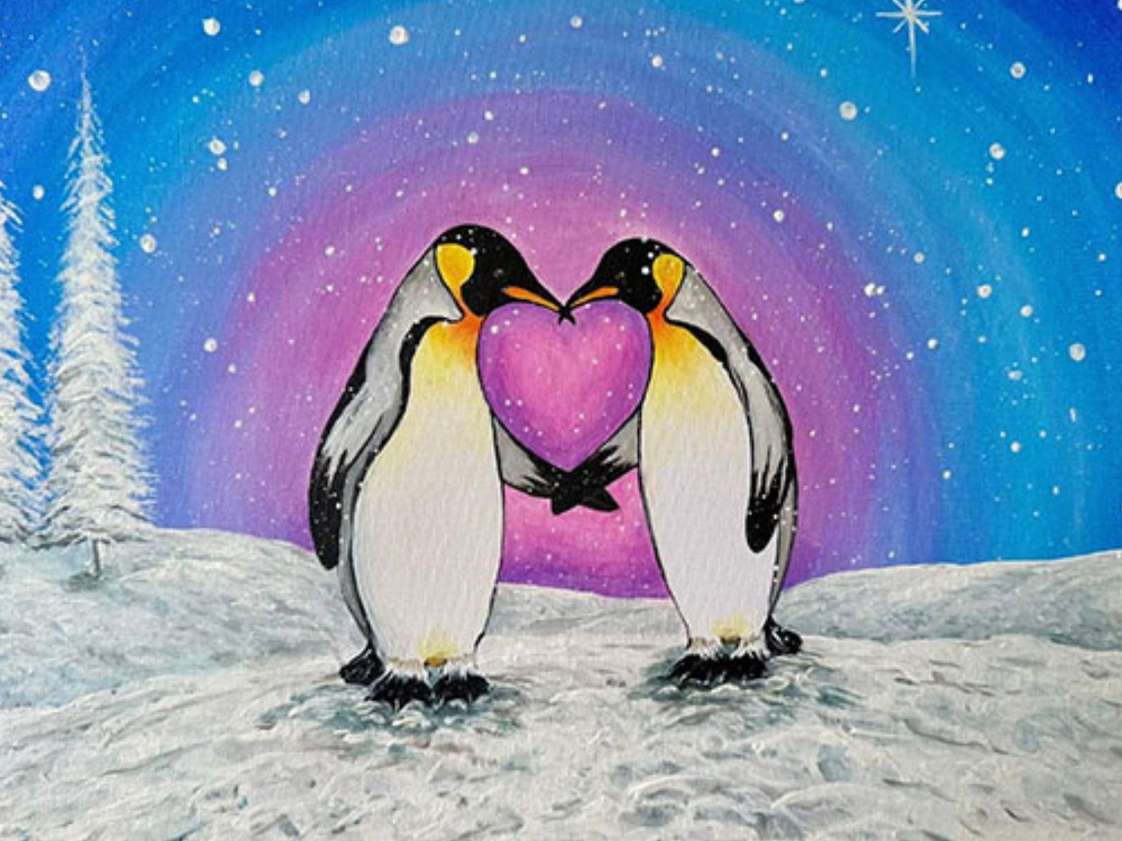 Two penguins touching beaks and flippers, forming a heart shape between them, with a snowy landscape and starry sky in the background.