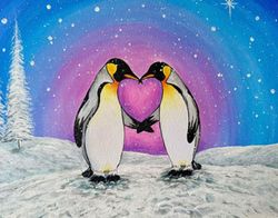 Two penguins touching beaks and flippers, forming a heart shape between them, with a snowy landscape and starry sky in the background.