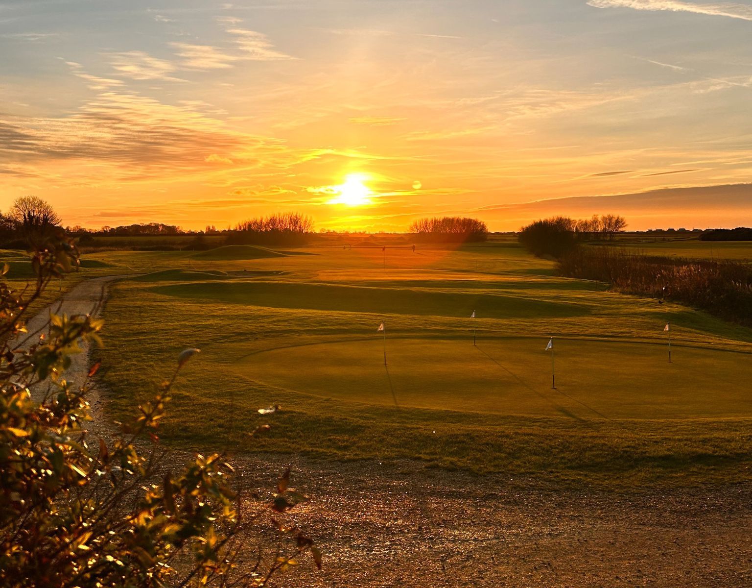 Golf course at sunset with golden sky and green fairways