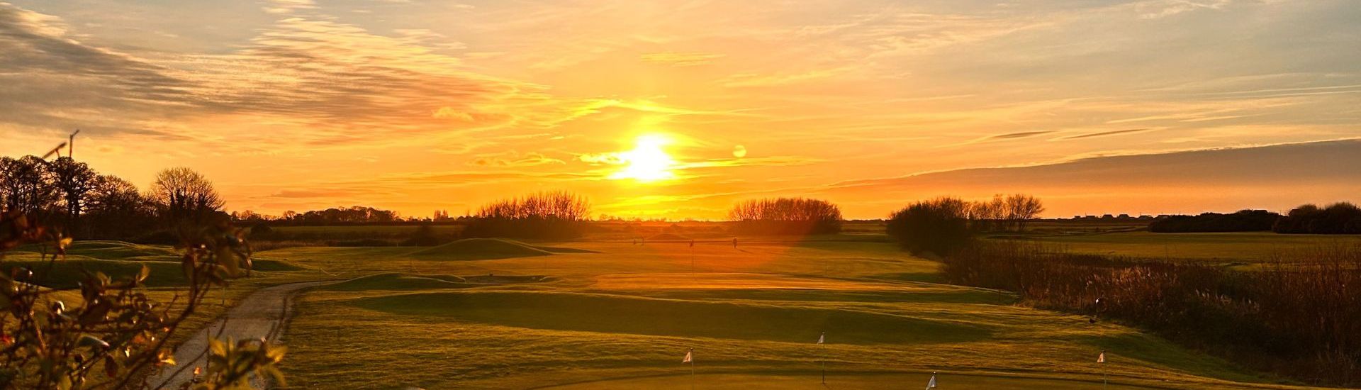 Golf course at sunset with golden sky and green fairways