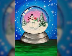 Painting of two snowmen inside a snow globe with trees and snow, set against a blue sky background with stars and snowflakes.