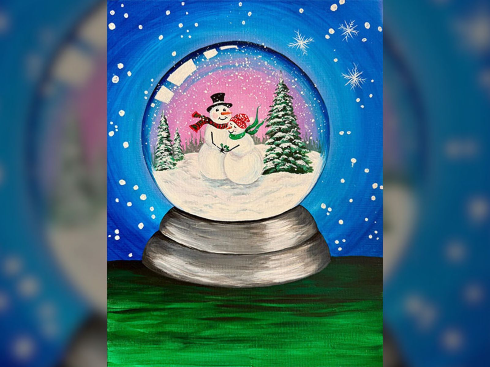 Painting of two snowmen inside a snow globe with trees and snow, set against a blue sky background with stars and snowflakes.