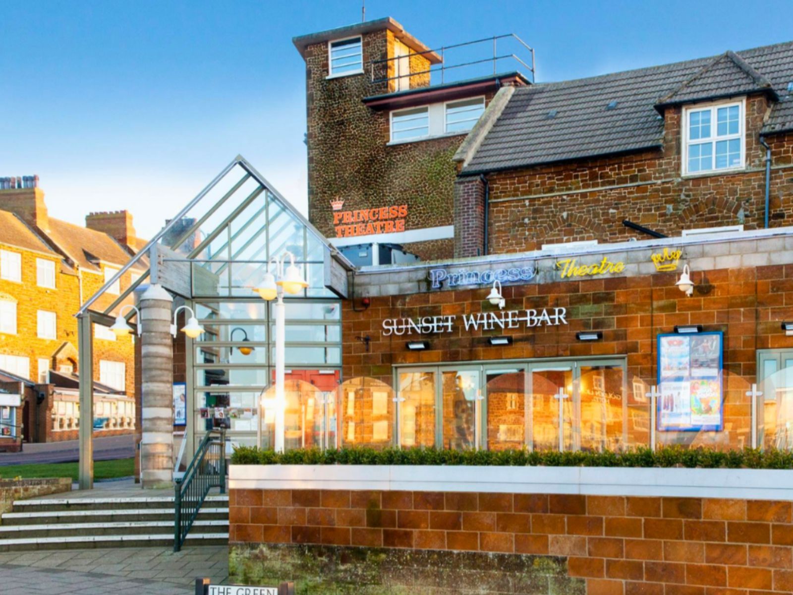 Exterior view of Princess Theatre in Hunstanton, Norfolk, featuring the Sunset Wine Bar.
