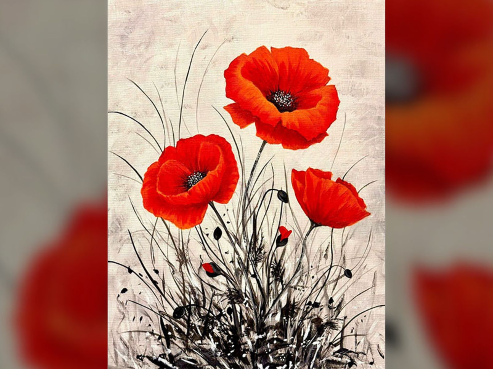 Painting of bright red poppy flowers with black and white grasses on a light textured background.