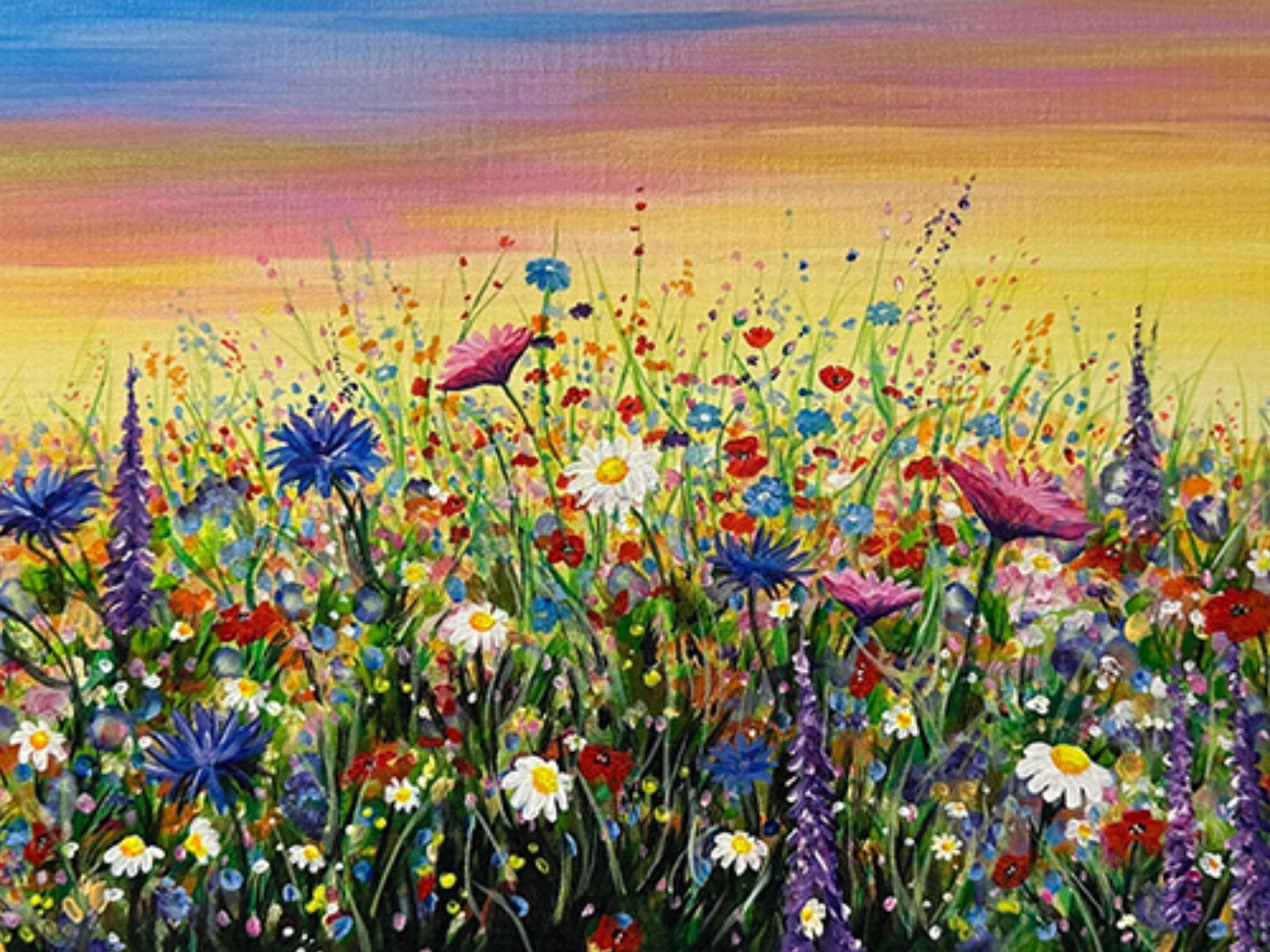 Colorful painting of wildflowers in a field with a vibrant sunset sky.
