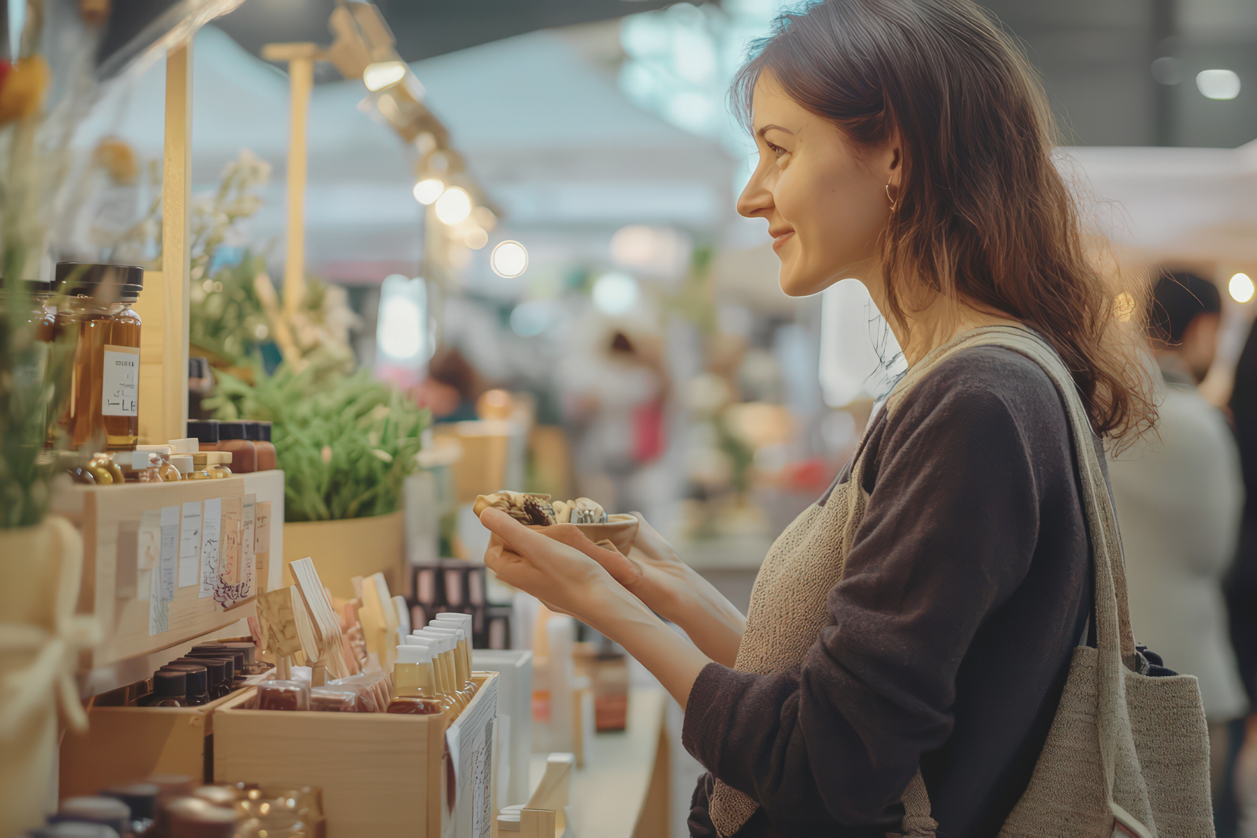 Woman sampling food at a bustling market or food festival stall